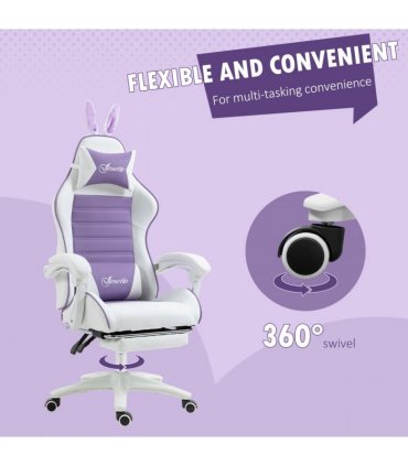 Gaming Chair Purple Faux Leather 65cm x 63cm x 142cm Cute Bunny Ears