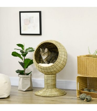 Cat House Yellow Mat Grass Raised Cat Bed w/ Stand Cushion 41x69 cm