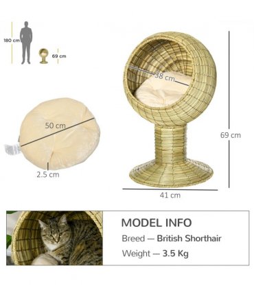 Cat House Yellow Mat Grass Raised Cat Bed w/ Stand Cushion 41x69 cm