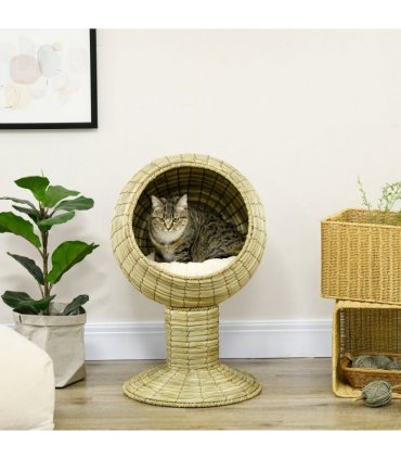Cat House Yellow Mat Grass Raised Cat Bed w/ Stand Cushion 41x69 cm