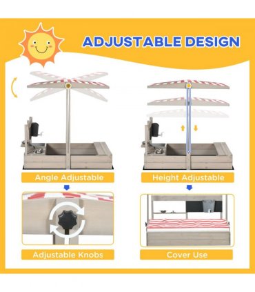 Sandbox Adjustable Canopy Grey Fir Wood 114 x 110 x 110 cm Kids Outdoor