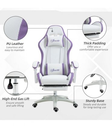 Gaming Chair Purple Faux Leather 65cm x 65cm x 129cm Reclining Footrest Comfort