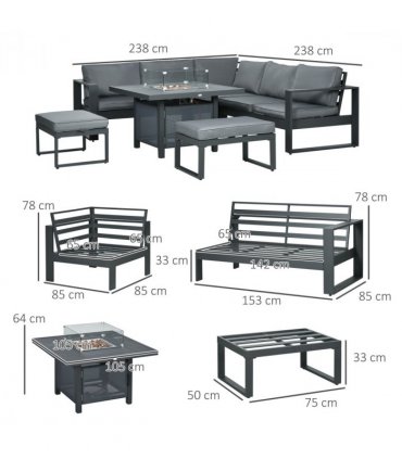 Aluminium Fire Pit Table Grey 105W x 105D x 64Hcm - Outdoor Garden Sofa Set