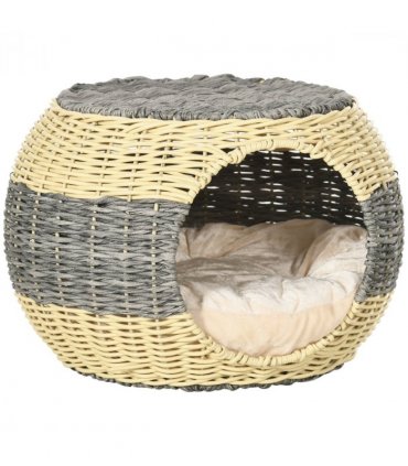 PawHut Wicker Cat House, Rattan Raised Cat Bed w/ Soft Cushion, 40 x 30cm