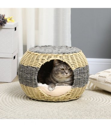 PawHut Wicker Cat House, Rattan Raised Cat Bed w/ Soft Cushion, 40 x 30cm