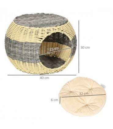 PawHut Wicker Cat House, Rattan Raised Cat Bed w/ Soft Cushion, 40 x 30cm