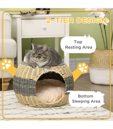 PawHut Wicker Cat House, Rattan Raised Cat Bed w/ Soft Cushion, 40 x 30cm