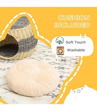 PawHut Wicker Cat House, Rattan Raised Cat Bed w/ Soft Cushion, 40 x 30cm