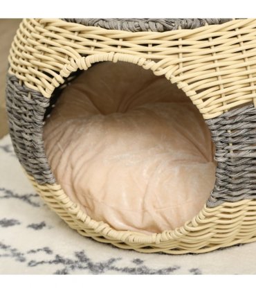 PawHut Wicker Cat House, Rattan Raised Cat Bed w/ Soft Cushion, 40 x 30cm