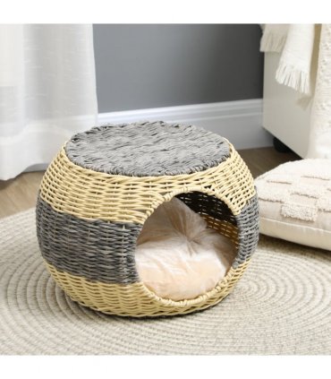 PawHut Wicker Cat House, Rattan Raised Cat Bed w/ Soft Cushion, 40 x 30cm