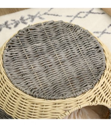 PawHut Wicker Cat House, Rattan Raised Cat Bed w/ Soft Cushion, 40 x 30cm