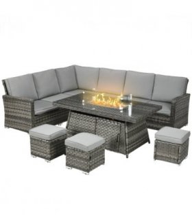 Garden Furniture Set Grey Steel Rattan Fire Pit Table 150cmx85cmx64cm 50,000 BTU