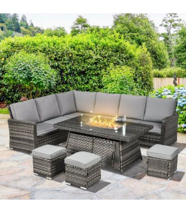 Garden Furniture Set Grey Steel Rattan Fire Pit Table 150cmx85cmx64cm 50,000 BTU