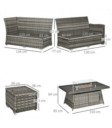 Garden Furniture Set Grey Steel Rattan Fire Pit Table 150cmx85cmx64cm 50,000 BTU