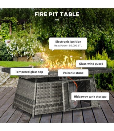 Garden Furniture Set Grey Steel Rattan Fire Pit Table 150cmx85cmx64cm 50,000 BTU