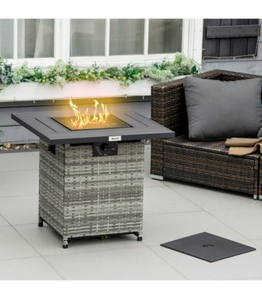 Gas Fire Pit Table Grey 71cmx71cmx63cm Lava Stone 40,000 BTU Rain Cover Mesh Lid