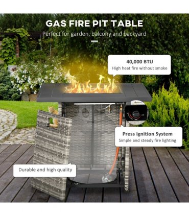 Gas Fire Pit Table Grey 71cmx71cmx63cm Lava Stone 40,000 BTU Rain Cover Mesh Lid