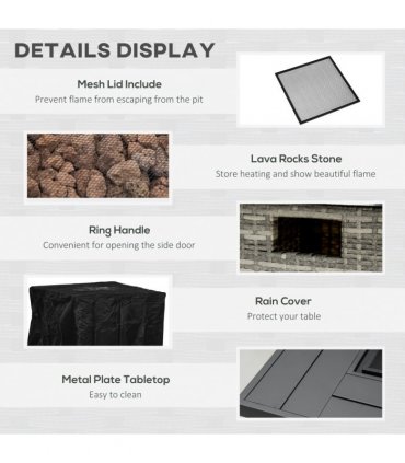 Gas Fire Pit Table Grey 71cmx71cmx63cm Lava Stone 40,000 BTU Rain Cover Mesh Lid
