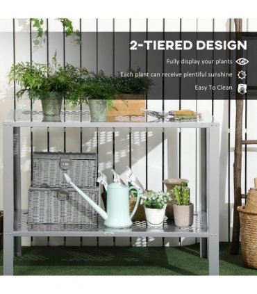 Steel Plant Stand 2-Tier Silver 107cm x 61cm x 81cm Outsunny Display Shelf