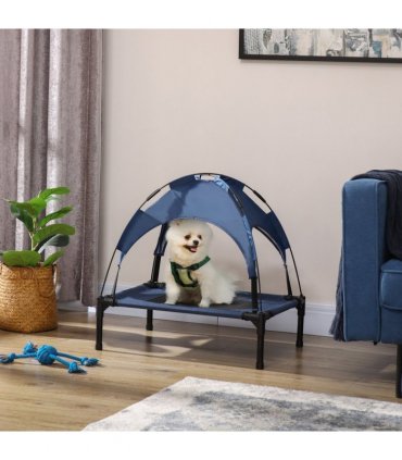 PawHut 61cm Elevated Dog Bed Cooling Raised Pet Cot UV Protection Canopy Blue