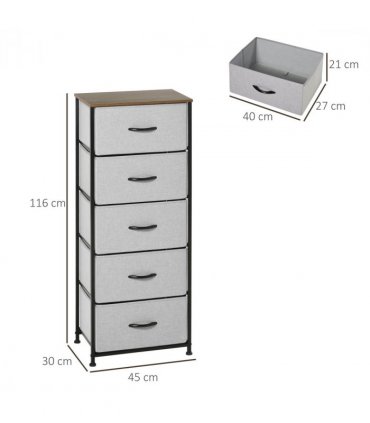 Fabric Grey 5 Drawer Chest of Drawers 45W x 30D x 116H cm Wood Top Storage
