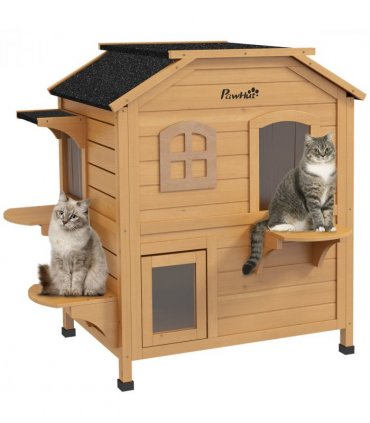 Wooden Cat House Natural Wood Finish 78cm x 55.5cm x 91cm Fir Wood