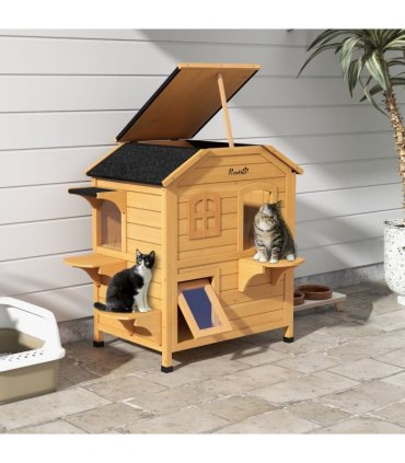 Wooden Cat House Natural Wood Finish 78cm x 55.5cm x 91cm Fir Wood