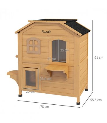 Wooden Cat House Natural Wood Finish 78cm x 55.5cm x 91cm Fir Wood