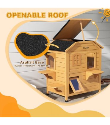 Wooden Cat House Natural Wood Finish 78cm x 55.5cm x 91cm Fir Wood