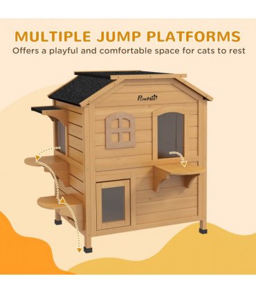 Wooden Cat House Natural Wood Finish 78cm x 55.5cm x 91cm Fir Wood