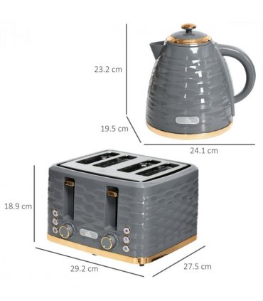 HOMCOM Kettle and Toaster Set 1.7L Rapid Boil Kettle & 4 Slice Toaster Grey
