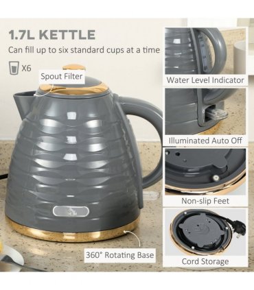 HOMCOM Kettle and Toaster Set 1.7L Rapid Boil Kettle & 4 Slice Toaster Grey