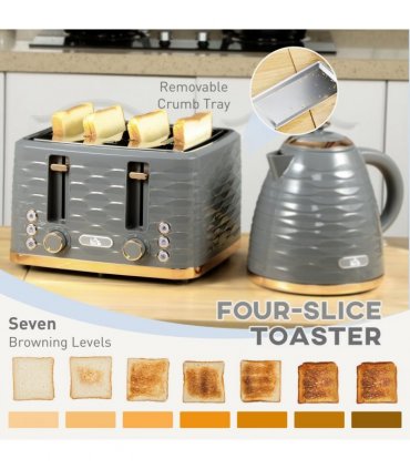 HOMCOM Kettle and Toaster Set 1.7L Rapid Boil Kettle & 4 Slice Toaster Grey