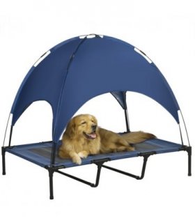 PawHut 122cm Elevated Dog Bed Cooling Raised Pet Cot UV Protection Canopy Blue