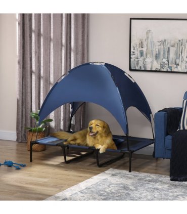 PawHut 122cm Elevated Dog Bed Cooling Raised Pet Cot UV Protection Canopy Blue