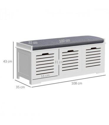HOMCOM 3-Door Shoe Storage Bench Cushion Seat Slatted Doors Elevated Base White