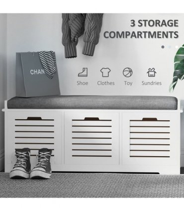 HOMCOM 3-Door Shoe Storage Bench Cushion Seat Slatted Doors Elevated Base White