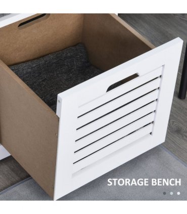 HOMCOM 3-Door Shoe Storage Bench Cushion Seat Slatted Doors Elevated Base White