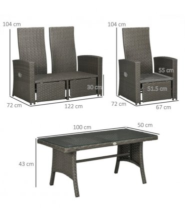 Garden Furniture Set with Sofa, Glass Table, Grey, Plastic Wicker, x 104H cm