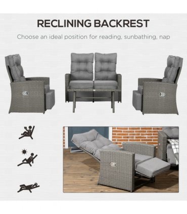 Garden Furniture Set with Sofa, Glass Table, Grey, Plastic Wicker, x 104H cm