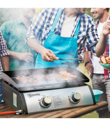 Outsunny Portable Gas Plancha BBQ Grill with 2 Stainless Steel Burner, 6kW