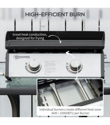 Outsunny Portable Gas Plancha BBQ Grill with 2 Stainless Steel Burner, 6kW