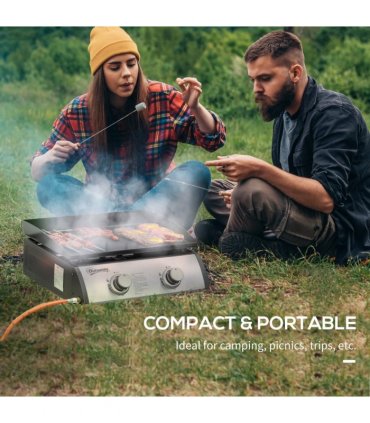 Outsunny Portable Gas Plancha BBQ Grill with 2 Stainless Steel Burner, 6kW