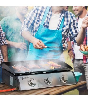 Outsunny Portable Gas Plancha BBQ Grill with 3 Stainless Steel Burner, 9kW