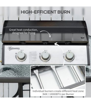 Outsunny Portable Gas Plancha BBQ Grill with 3 Stainless Steel Burner, 9kW