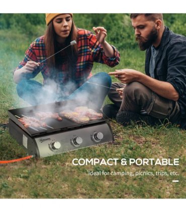 Outsunny Portable Gas Plancha BBQ Grill with 3 Stainless Steel Burner, 9kW