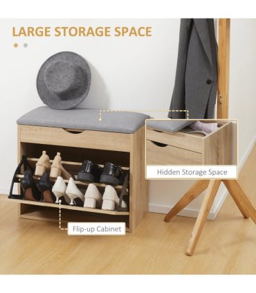 Shoe Bench Natural Wood Finish 60cm x 30cm x 50cm Entryway Cushion Storage