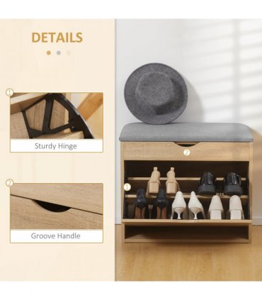 Shoe Bench Natural Wood Finish 60cm x 30cm x 50cm Entryway Cushion Storage