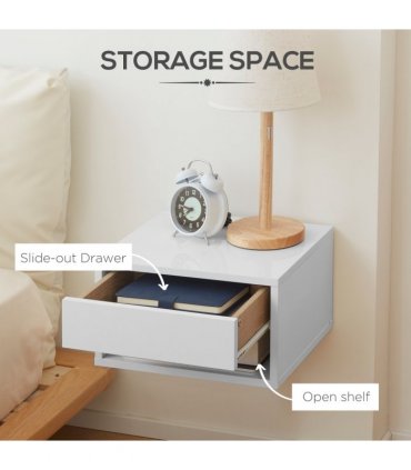 HOMCOM Floating Bedside Table Set of 2 Wall Mounted Nightstand W/ Drawer White