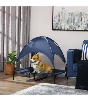 PawHut 92cm Elevated Dog Bed Cooling Raised Pet Cot UV Protection Canopy Blue
